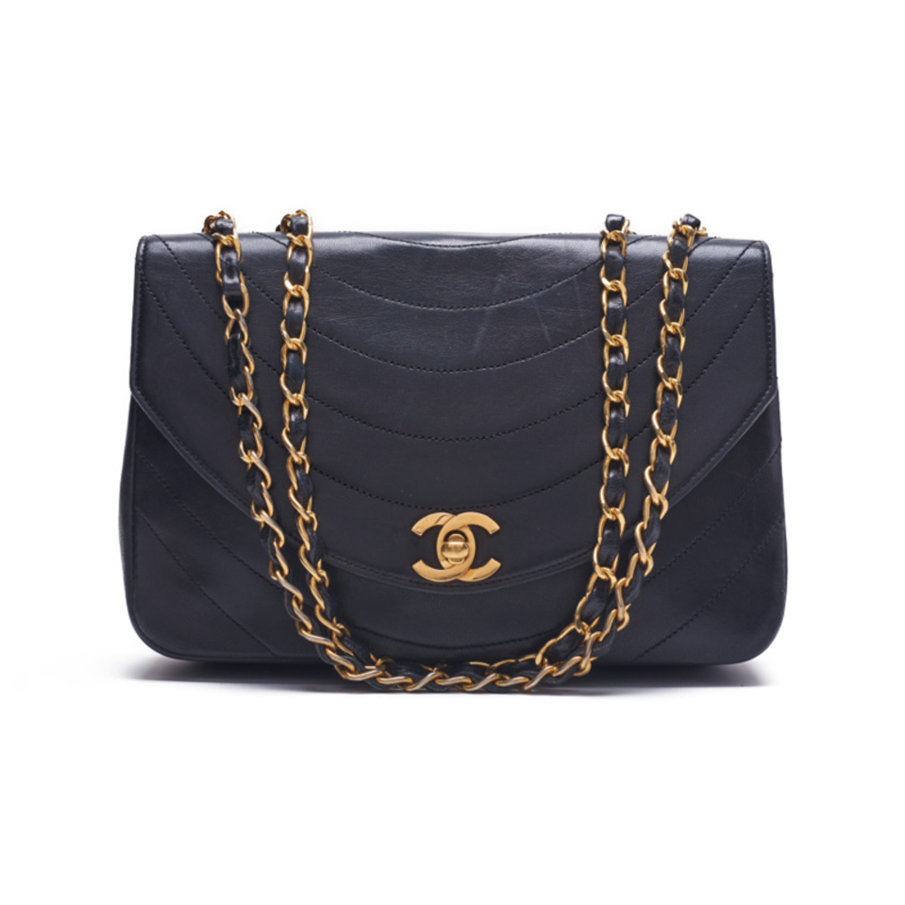 Chanel Border Stitch Round Flap Turn Lock Chain Lambskin Black